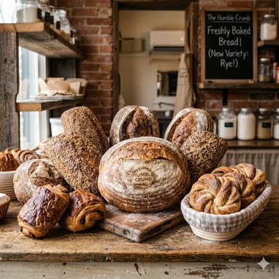 Artisan bread spread on wooden counter