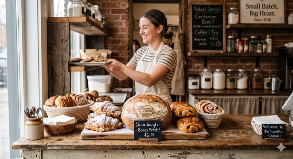 Bakery counter with fresh sourdough and pastries